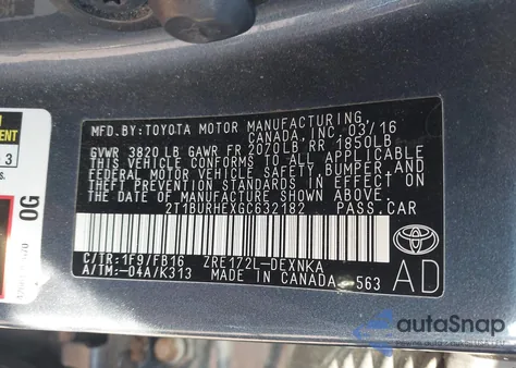 2016 Toyota Corolla Le z USA, uszkodzony, nr VIN 2T1BURHEXGC632182